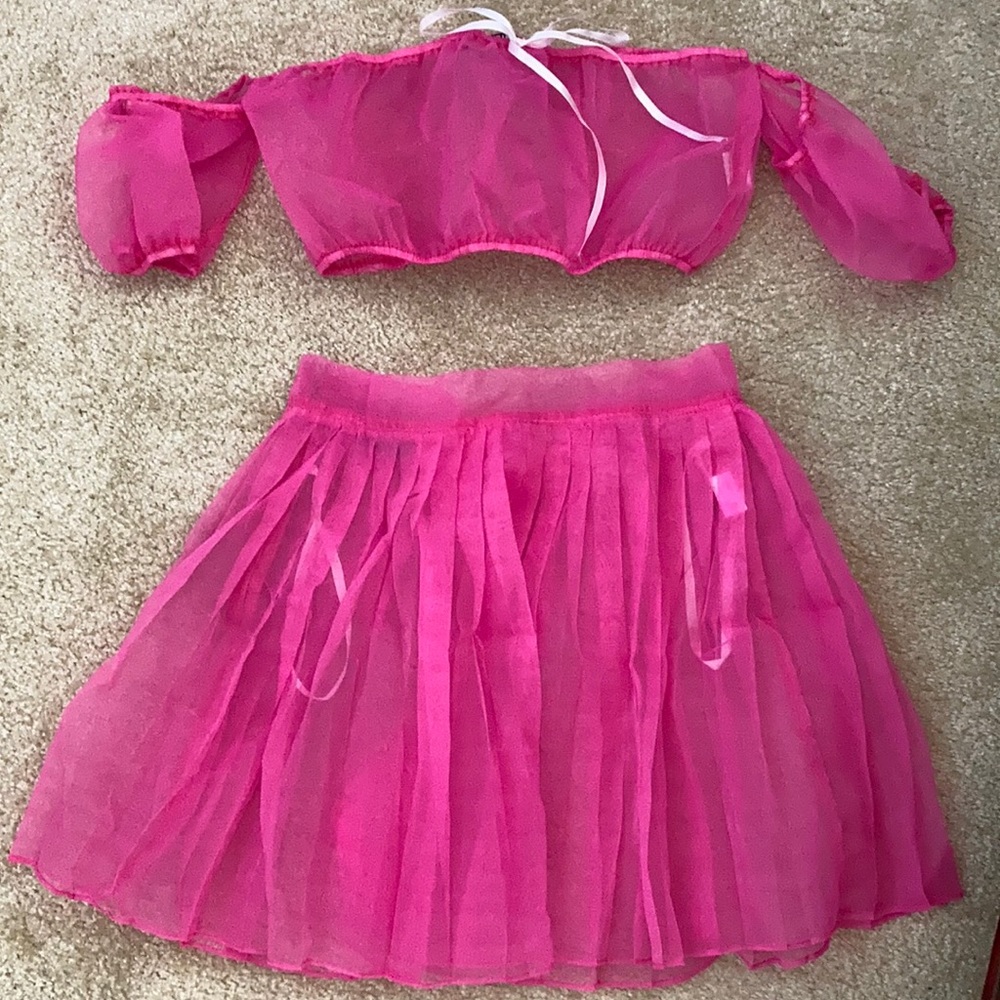 See through sexy hot pink crop top and mini skirt